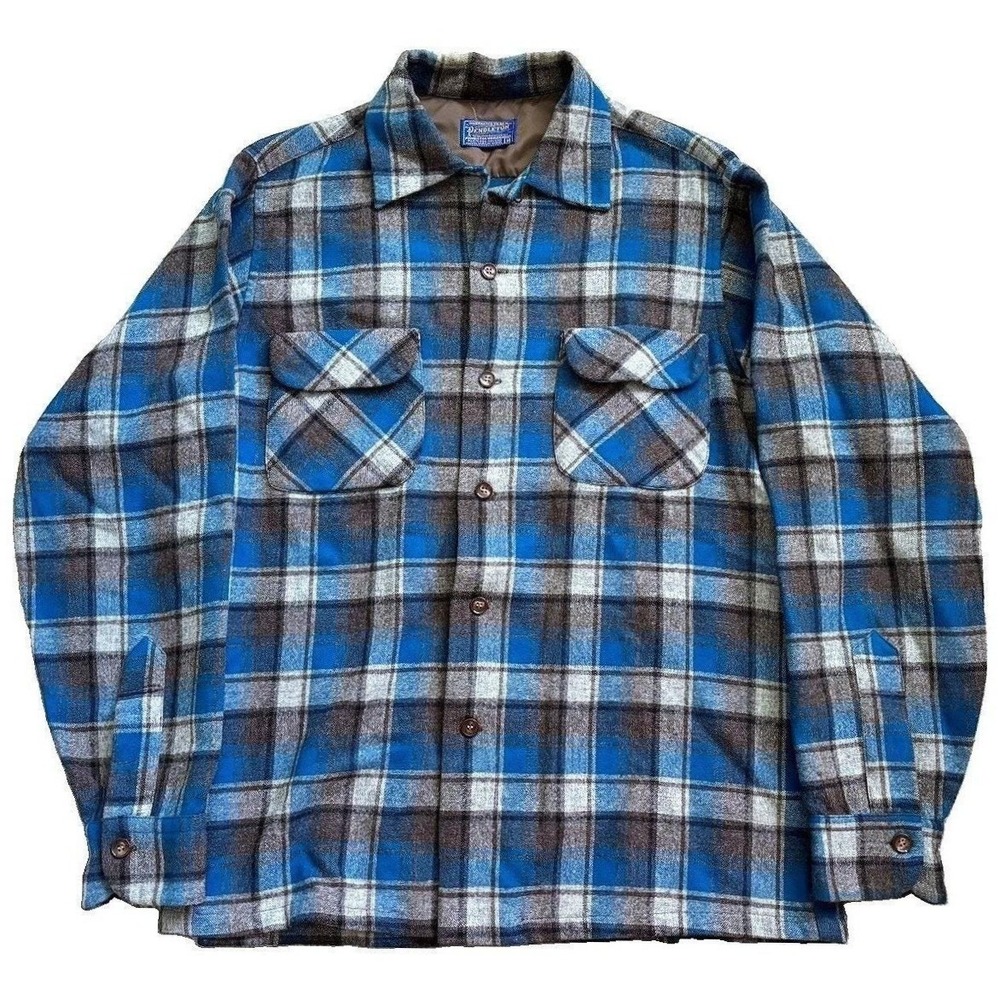Vtg 60s Pendleton Board Shirt Men M Blue Plaid 100% Wool Loop Pocket Made in USA